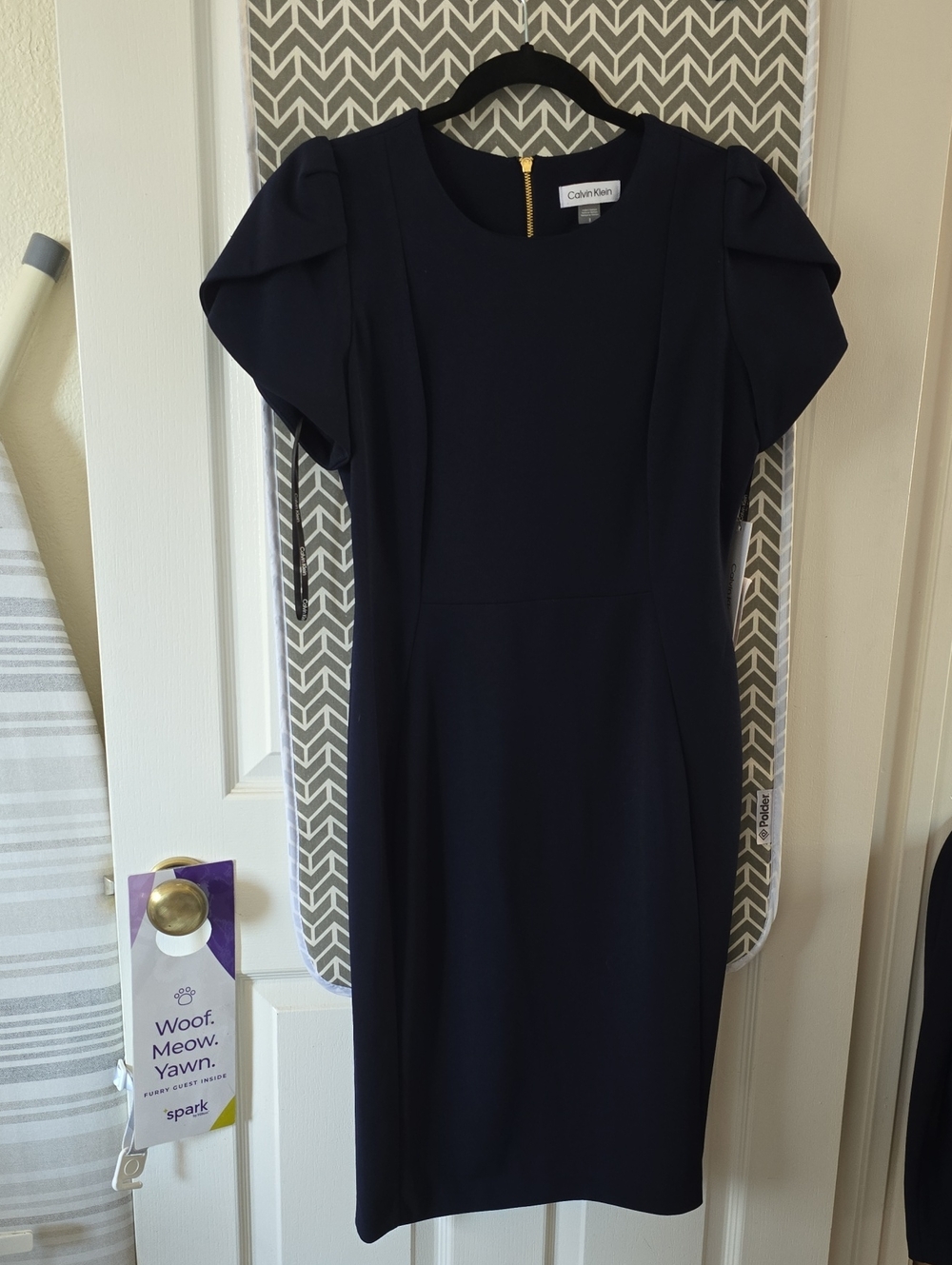 Calvin Klein Navy Midi Dress with Puff Shoulders